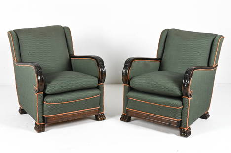 PAIR DANISH ART DECO CARVED ARMCHAIRS, C. 1930'S: Dimensions: H 31.5" x W 25.5" x D 34" x SH 19.5" Condition: Some soiling to cushions. Minor rubbing, scuffs and dings to wood. F067