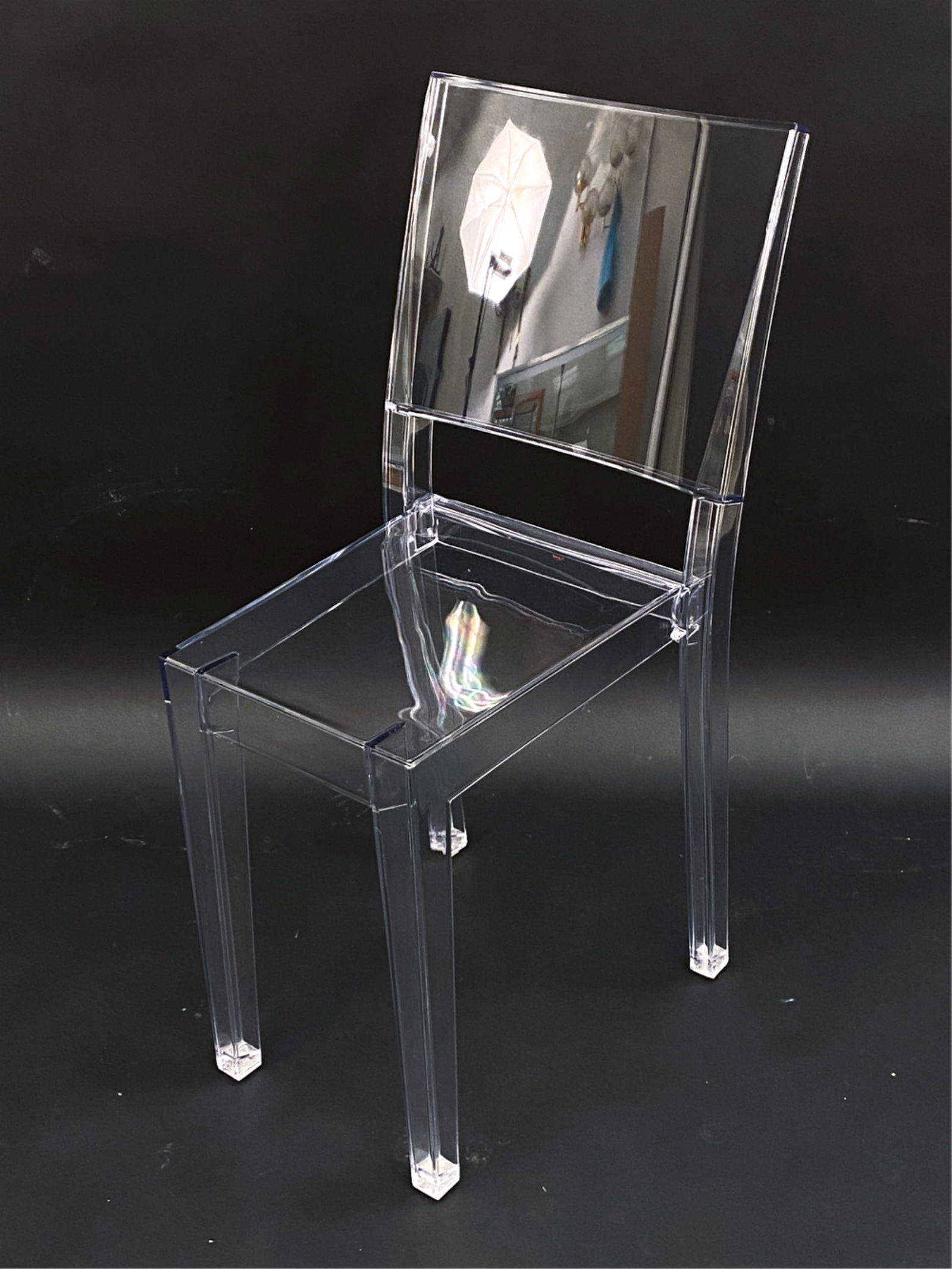 KARTELL LA MARIE GHOST CHAIR BY STARCK: La Marie Ghost Chair by Philippe Starck for Kartell. Clear acrylic. Marked with impressed mark and Kartell logo to back of chair. Dimensions: H 34" x W 15.25" x D 21" x SH 19" Condition: Minor surface