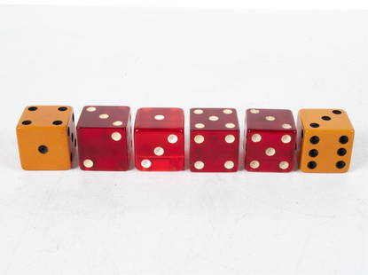 (6) VINTAGE BAKELITE & RESIN OVERSIZED DICE: Dimensions: (Largest) H 2" x W 2" x D 2" Condition: Scallops/chips to edge of one red die; chip to corner of one Bakelite die. Surface scuffing and wear consistent with age and use.