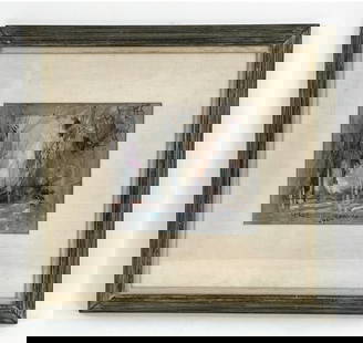 ROMER SHAWHAN MID-CENTURY ABSTRACT: Appears to be gouache with ink. Signed Romer Shawhan, dated 1957. With two labels verso. Dimensions: (Frame) H 22.5" x W 23.5", (Sight) H 10" x W 12" Condition: Marks and scrapes to the frame.