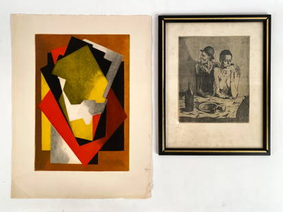 JACQUES VILLON COLOR AQUATINT 1947 + OTHER: Jacques Villon published by Chalcographie de Louvre, signed in the plate, abstract composition with blind stamp lower center. Also including another modern print. Dimensions: (Villon, paper) H 26" x W