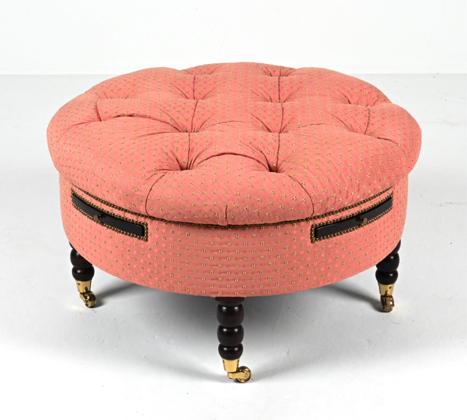 ROUND TUFTED COCKTAIL OTTOMAN IN SWISS DOT FABRIC (1 of 16)