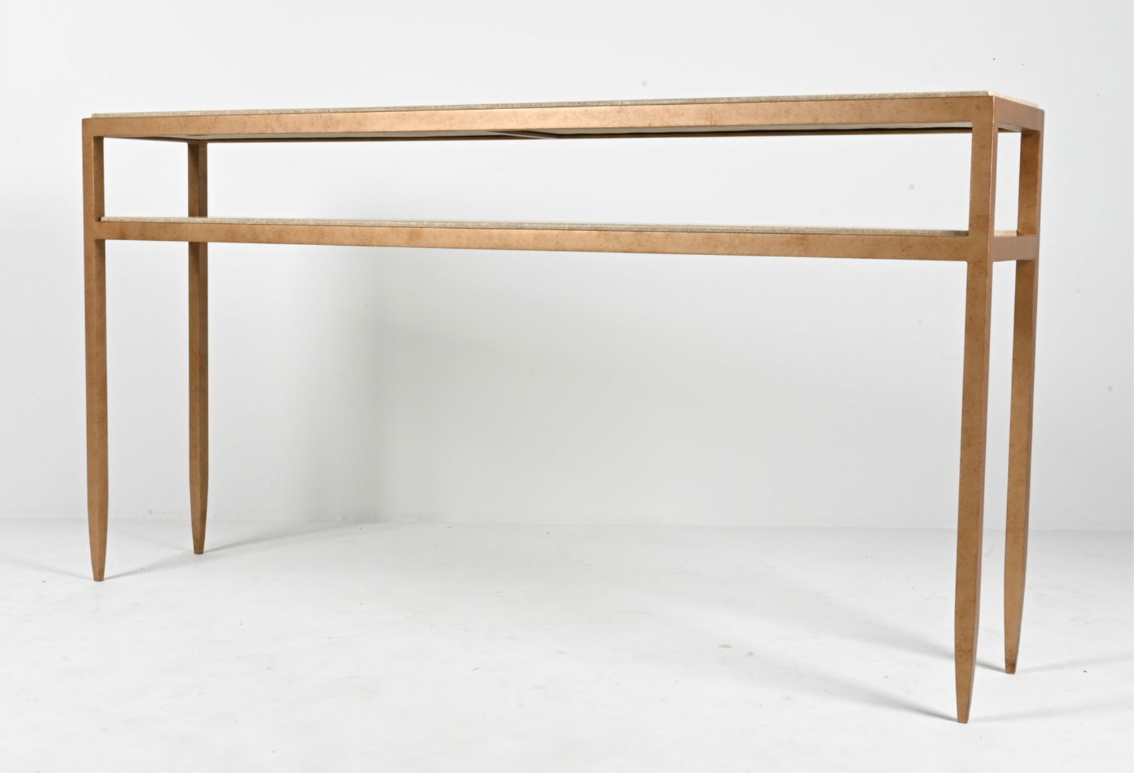 TRAVERTINE & ANTIQUED GOLD-FINISHED STEEL CONSOLE: Contemporary. Dimensions: H 38" x W 72" x D 14.25" Condition: In excellent used condition; showing very few signs of wear.