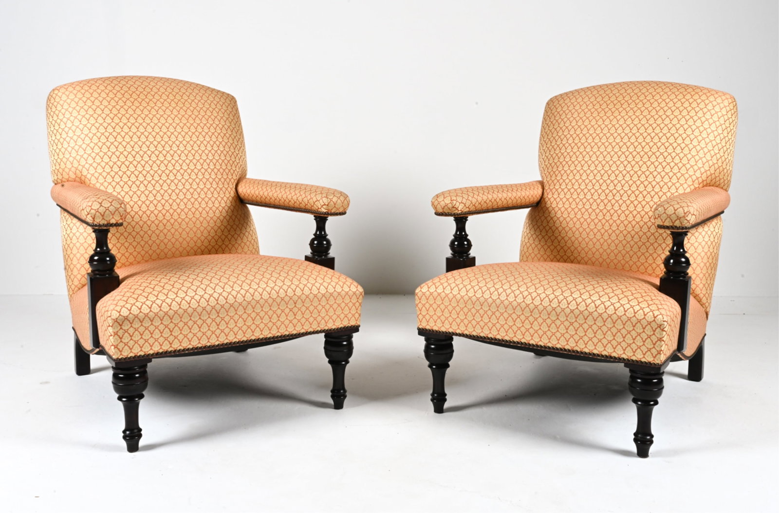 PAIR OF FIRESIDE ARMCHAIRS IN SCALAMANDRE FABRIC (1 of 16)