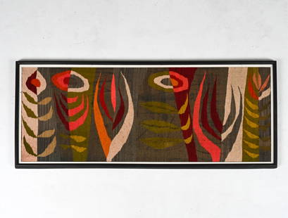 MANNER OF EVELYN ACKERMAN FLAT WEAVE TAPESTRY: Apparently unsigned, c. 1960's-1970's. Dimensions: (Frame) H 24.5" x W 58.75" Condition: Not examined out of frame. A few small pulls and pills, possibly inherent. Very minor even fading. A few spots