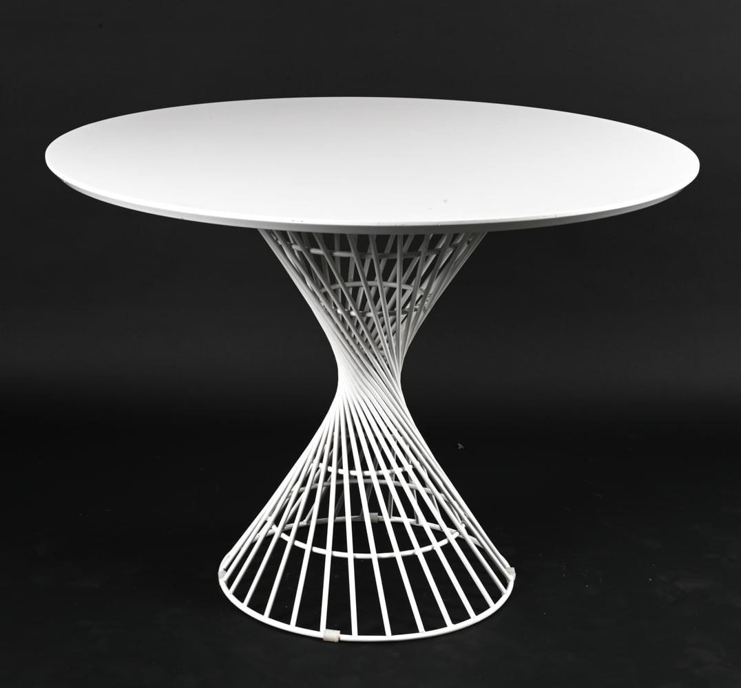 CB2 BREAKFAST TABLE: Dimensions: H 35.5" x Dia. 48" Condition: Showing signs of light wear including scratches, scuffs to top.
