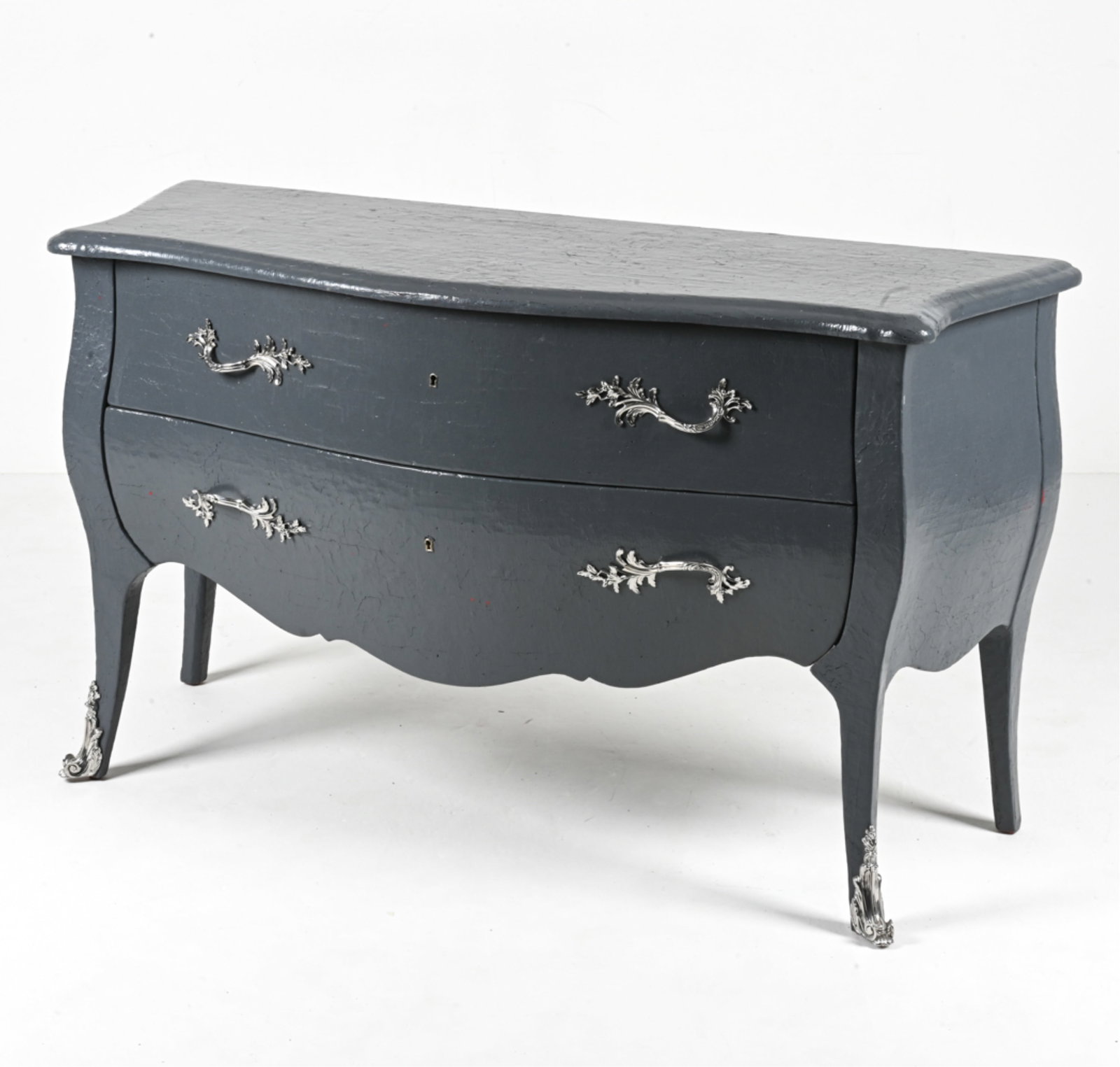 20TH C. BOMBE-FORM CONSOLE CHEST: Finished in gray crackle-textured lacquer, with silvertone hardware. Dimensions: H 33.25" x W 57.25" x D 22" Condition: Intentionally crackled/antiqued finish, with a few additional small dings and sc