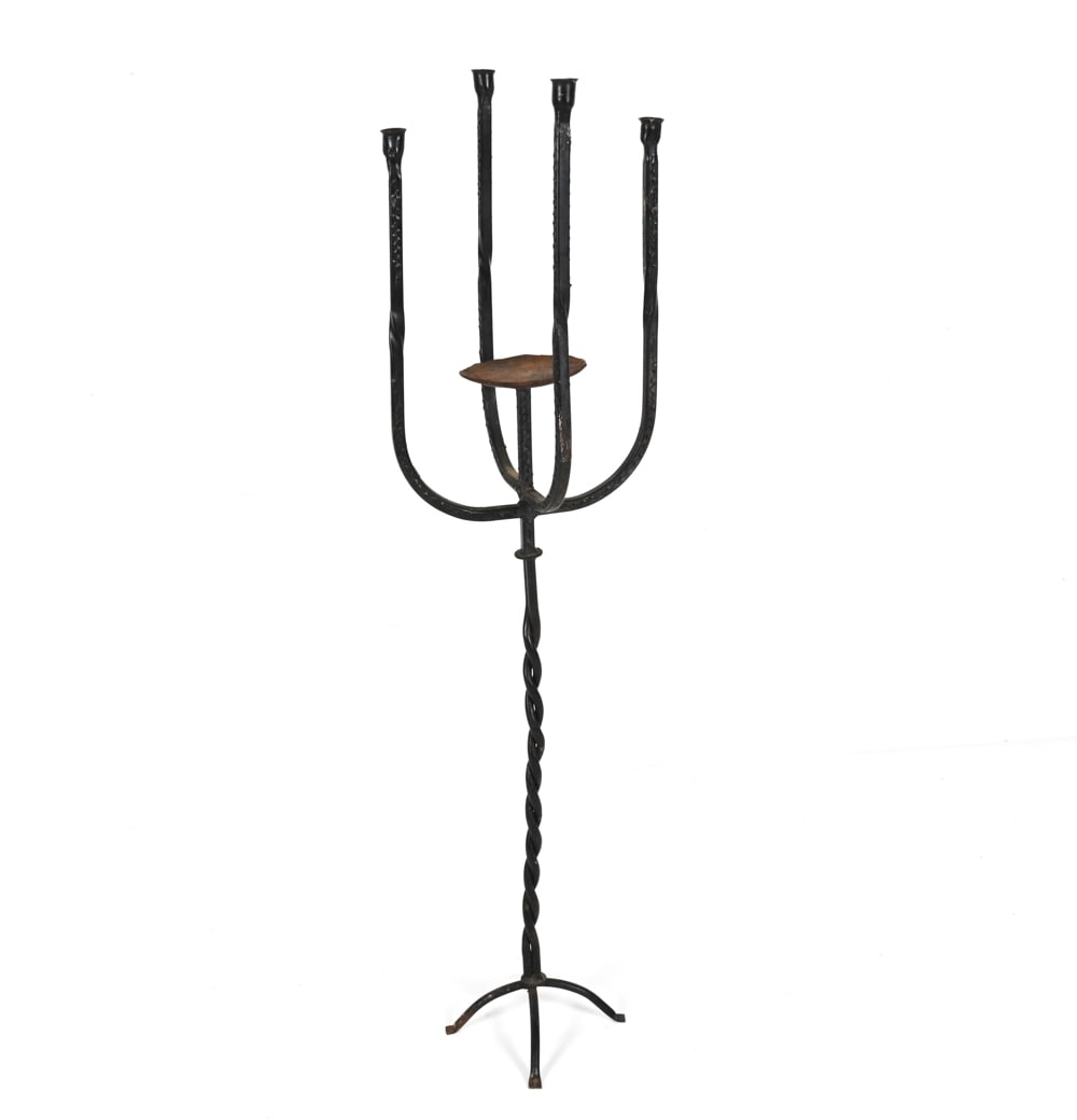 HAND-WROUGHT METAL TORCHIERE CANDELABRA: 20th Century. Dimensions: H 52" x Dia. 13.5" Condition: Light patination and surface oxidation; wear consistent with age.
