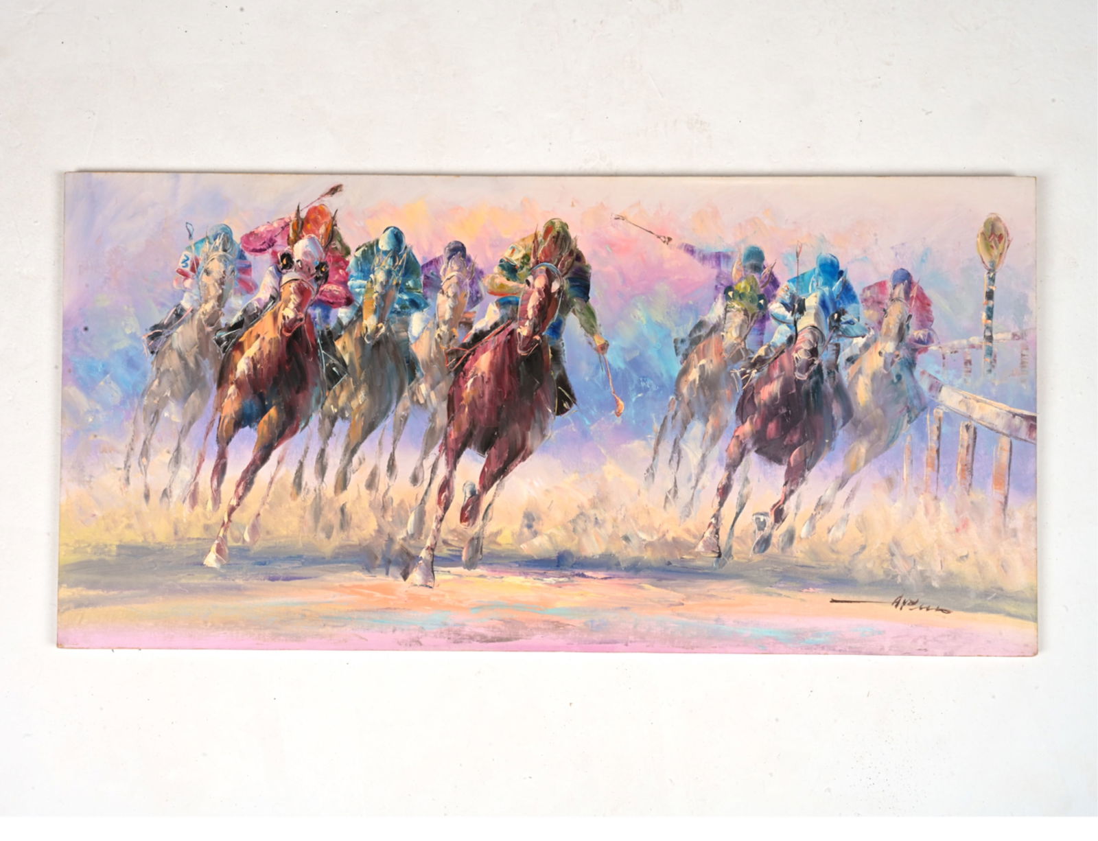 20TH C. ORIGINAL O/C; EQUESTRIAN RACING, SIGNED (1 of 8)