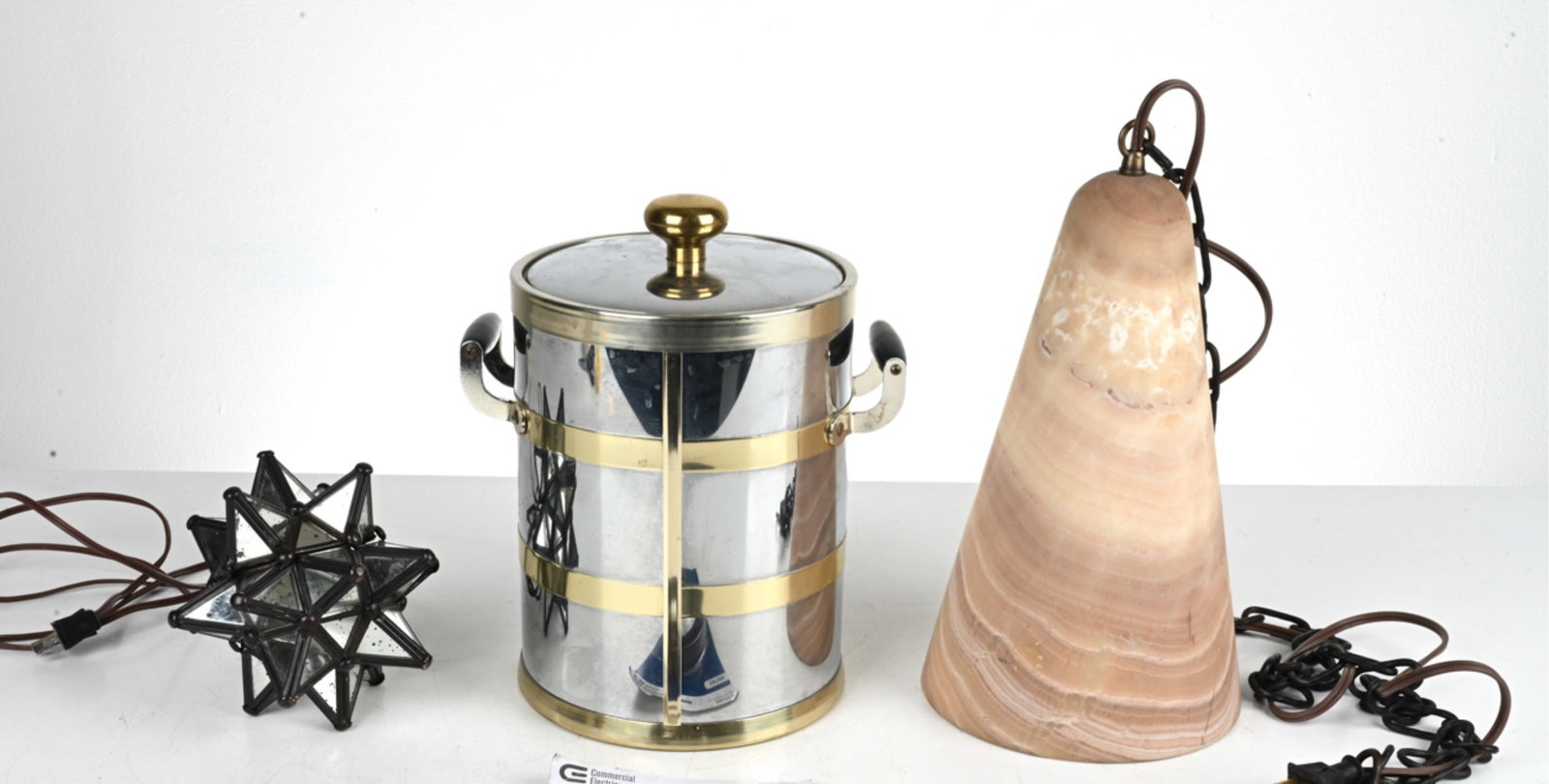 (2) VINTAGE PENDANT LIGHTS & ICE BUCKET: Dimensions: (tallest) H 14" x Dia 7.75" Condition: Not tested. Wear consistent with age and use. Some natural patina to glass on star light fixture. Minor scratches to taller light fixture. Minor scra
