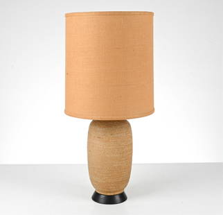 ATTR. LEE ROSEN DESIGN TECHNICS CERAMIC TABLE LAMP: Large textured ceramic table lamp attributed to Lee Rosen, c. 1960's. Dimensions: (With shade) H 33" x Dia. 15" Condition: Wiring not tested. A couple small scuffs and pen marks to ceramic; a few