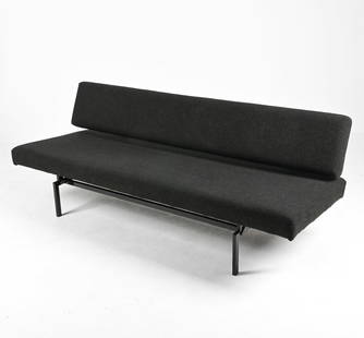 MARTIN VISSER FOR 'T SPECTRUM DAYBED SOFA: With adjustable-angle seat, c. 1960's. Dimensions: (Seat angled) H 29" x W 76" x D 29" x SH 17" Condition: In very good vintage condition overall. A few faint spots of soiling to fabric. Cracking and