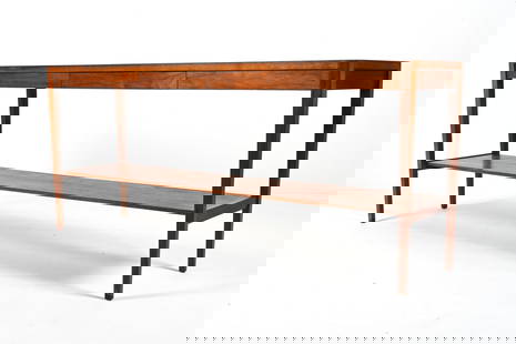 MID-CENTURY WALNUT & ROSEWOOD CONSOLE TABLE: Elegant one-drawer console in walnut with subtle banded rosewood inlay. Attributed to Lewis Mittman, c. 1960's. Dimensions: H 26.25" x W 60" x D 15" Condition: Table presents beautifully overall. Mino