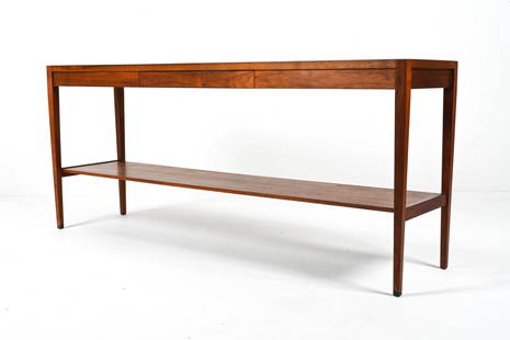 MID-CENTURY WALNUT & ROSEWOOD CONSOLE TABLE: Elegant one-drawer console in walnut with subtle banded rosewood inlay. Attributed to Lewis Mittman, c. 1960's. Dimensions: H 26.25" x W 60" x D 15" Condition: Table presents beautifully overall. Mino