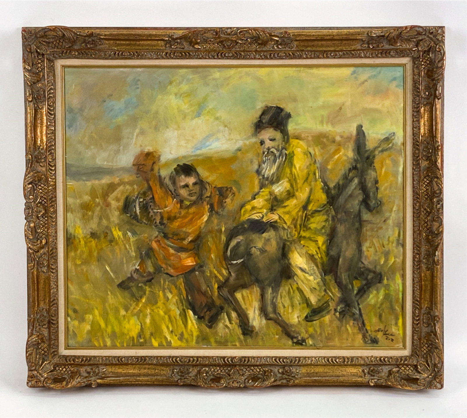 MODERN CHINESE OIL PAINTING: Painting of a man on a donkey with a boy. Indistinctly signed, dated '62 lower right. Dimensions: (Frame) H 25" x W 29", (Canvas) H 20" x W 24" Condition: Canvas laid down. Yellowed varnish. Staining 