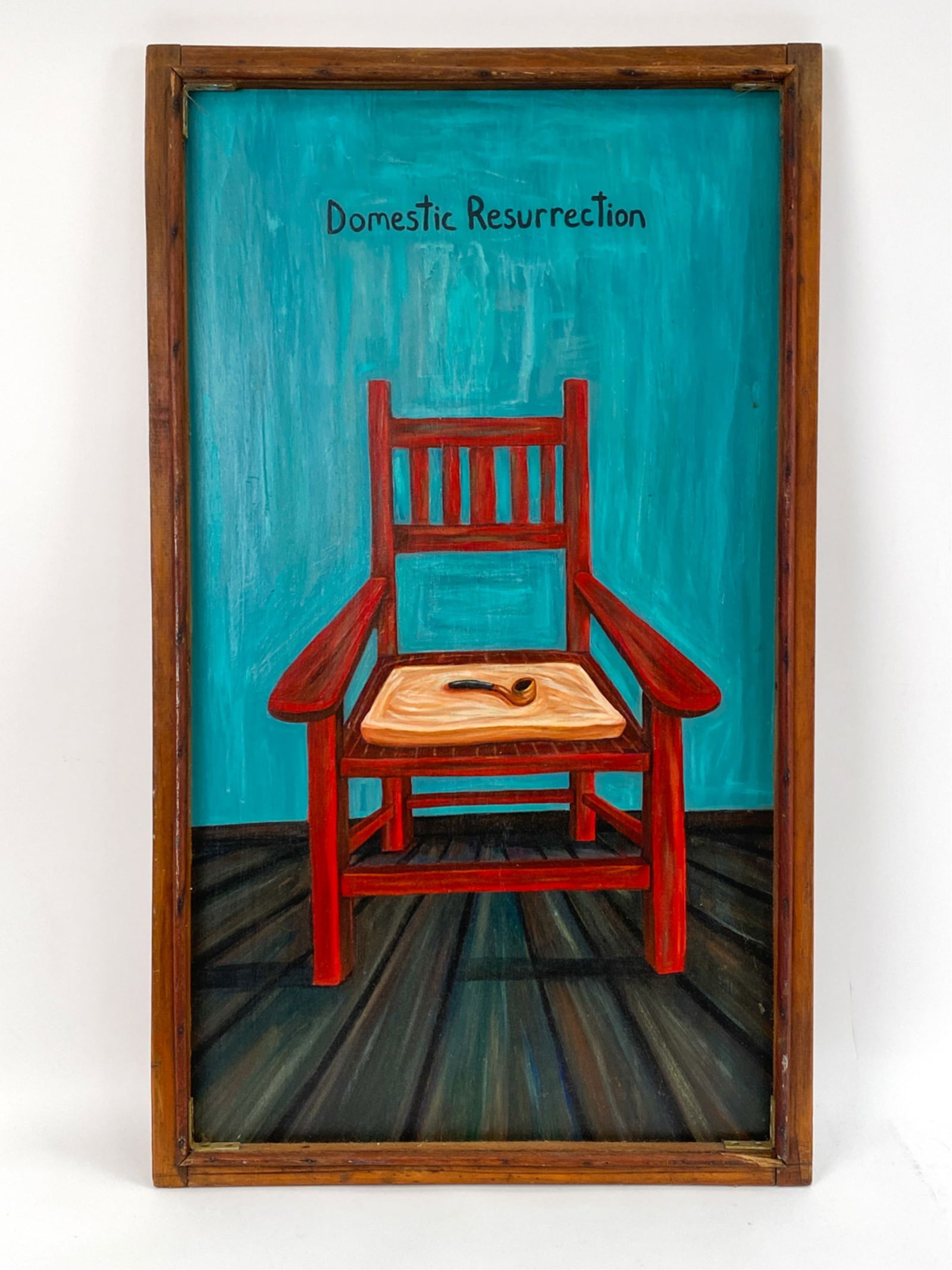 KEVIN PATRICK KELLY ACRYLIC ON PLYWOOD: Found wood, in found frame. Titled "Domestic Resurrection." Signed, titled, dated 1996 verso. Dimensions: (Frame) H 36.5" x W 21.5" Condition: Damages, as found.