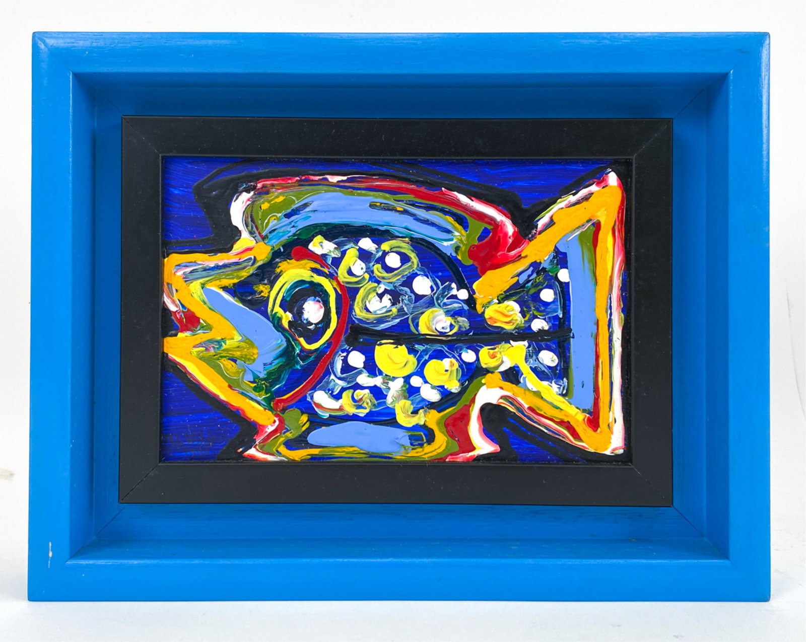 MAYA WILDEVUUR, DUTCH (B. 1944) ACRYLIC ON PANEL: Acrylic on panel of a fish. Signed lower left. Dimensions: (Frame) H 8" x W 10.25", (Panel) H 4.5" x W 7" Condition: A few marks to the frame. Wildevuur became paralyzed in 1973 and started painting w
