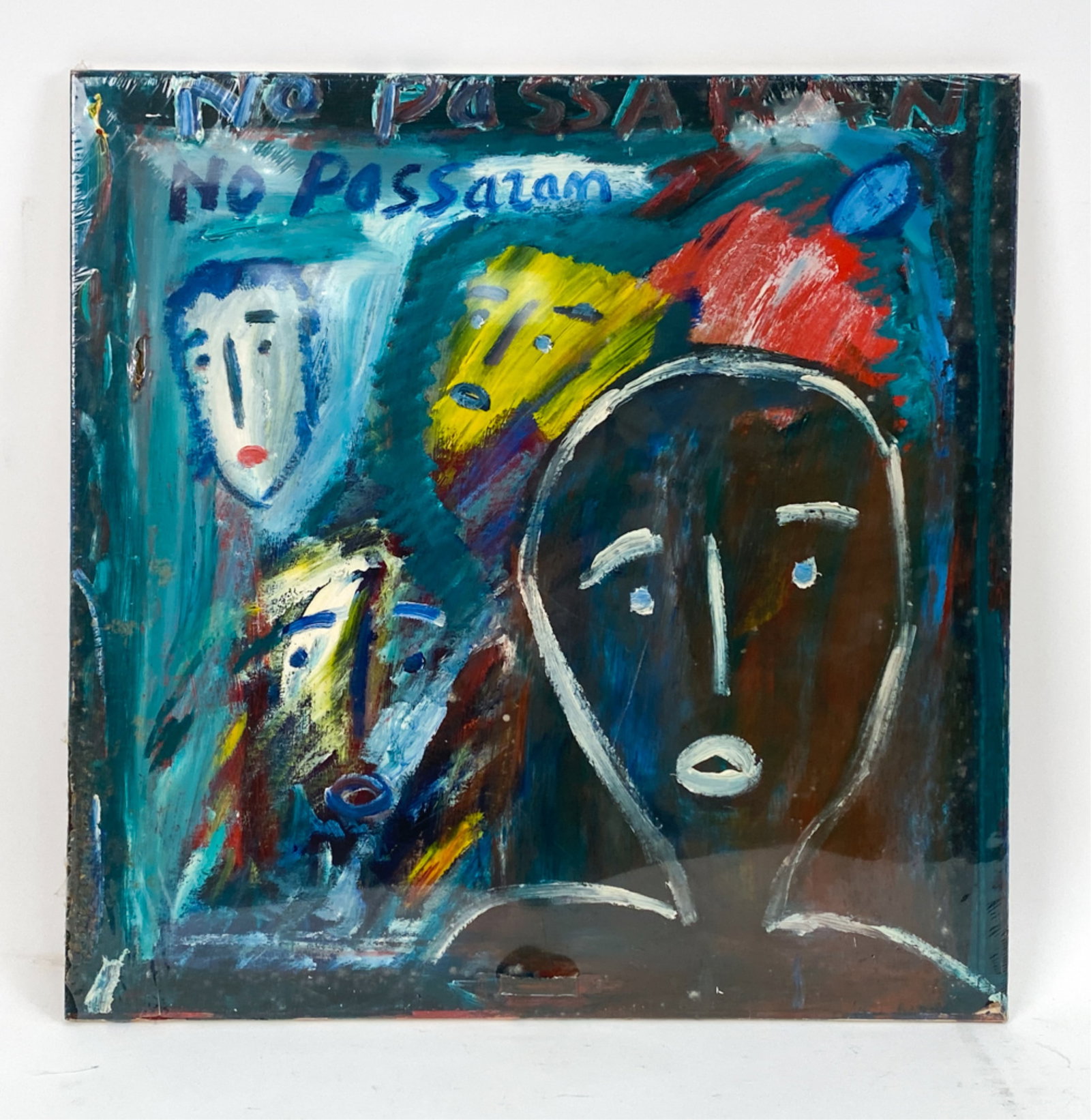 JACK WAKEFORD, FRENCH (B. 1919) OUTSIDER ART: Abstracted faces with inscription, on back of pre-made frame. Acrylic. Dimensions: H 17.5" x W 17.5" Condition: Plastic wrapped. Some scuffs lower left.