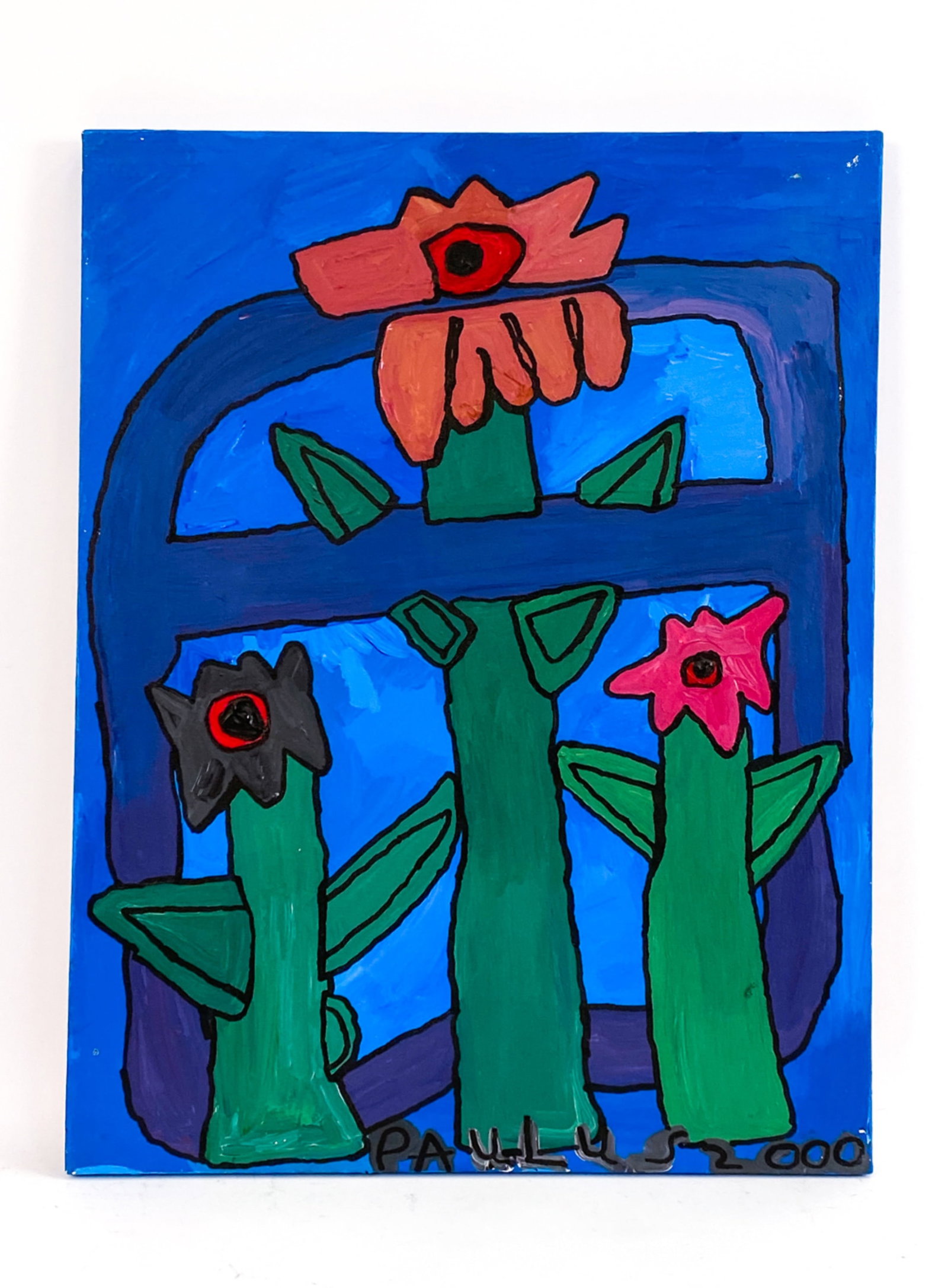 PAULUS DE GROOT, DUTCH (20TH C.) OUTSIDER A/C: Floral forms. Signed and dated 2000 lower right. Dimensions: H 25.25" x W 20" Condition: Scattered surface marks.
