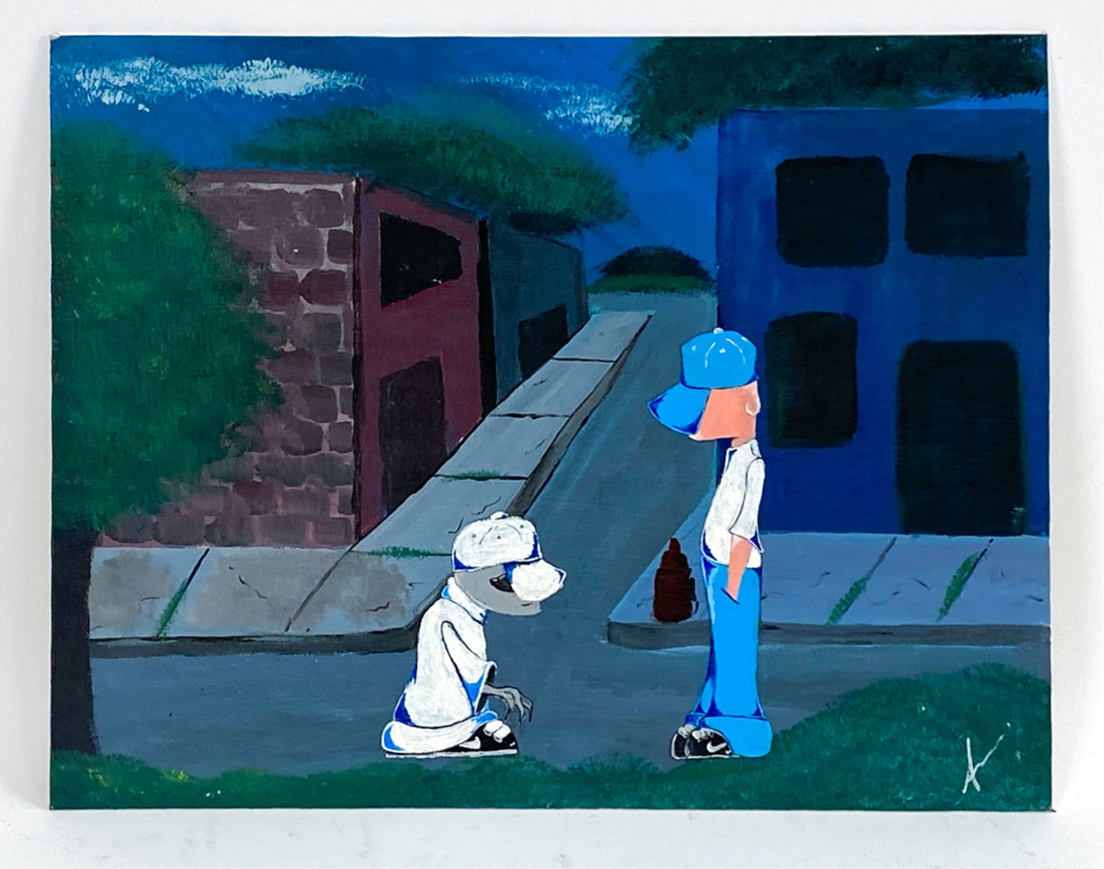 ALIEN OR ALIEN ABDUCTEE ACRYLIC ON CANVAS BOARD: Signed Andrew. Signed, titled "Blending In" verso. Dimensions: H 14" x W 18" Condition: Some surface marks. From the exhibition in genre of paintings "Alien Beings Abduct Pop Culture," featuring many 