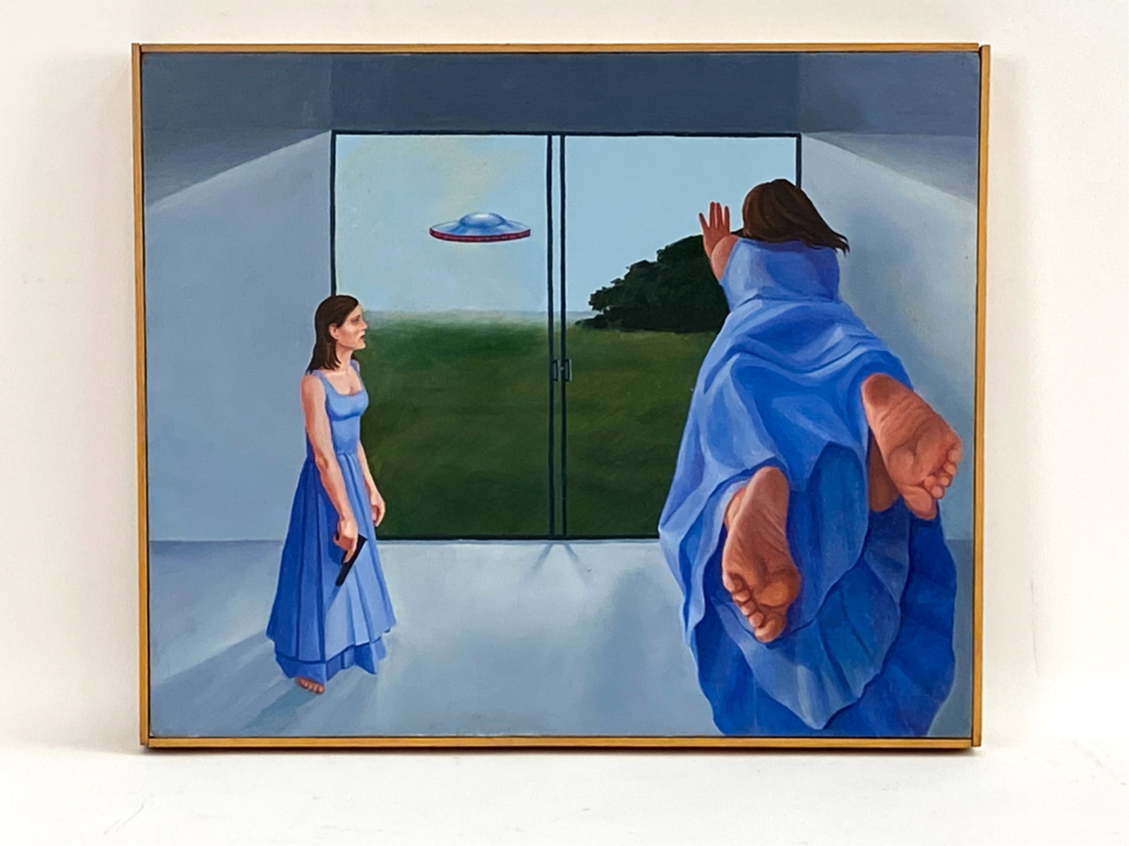 ALIEN OR ALIEN ABDUCTEE ACRYLIC ON CANVAS: Apparently unsigned. Dimensions: (Frame) H 19" x W 22.75" Condition: Marks to the framing strips. From the exhibition in genre of paintings "Alien Beings Abduct Pop Culture," featuring many outsider a