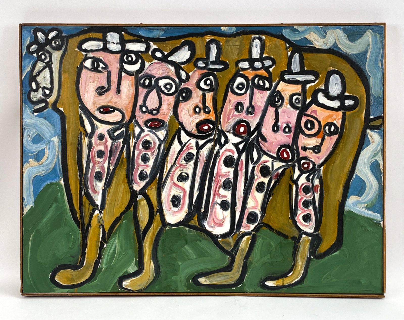 ROSS BRODAR, NYC (B. 1971) OIL ON CANVAS: Multi figures. With a scattered shiny medium in the paint. Signed, titled "Politicians" verso. Dimensions: (Overall) H 30.5" x W 40.5" Condition: Some crazing to the paint. Some losses to the high sur