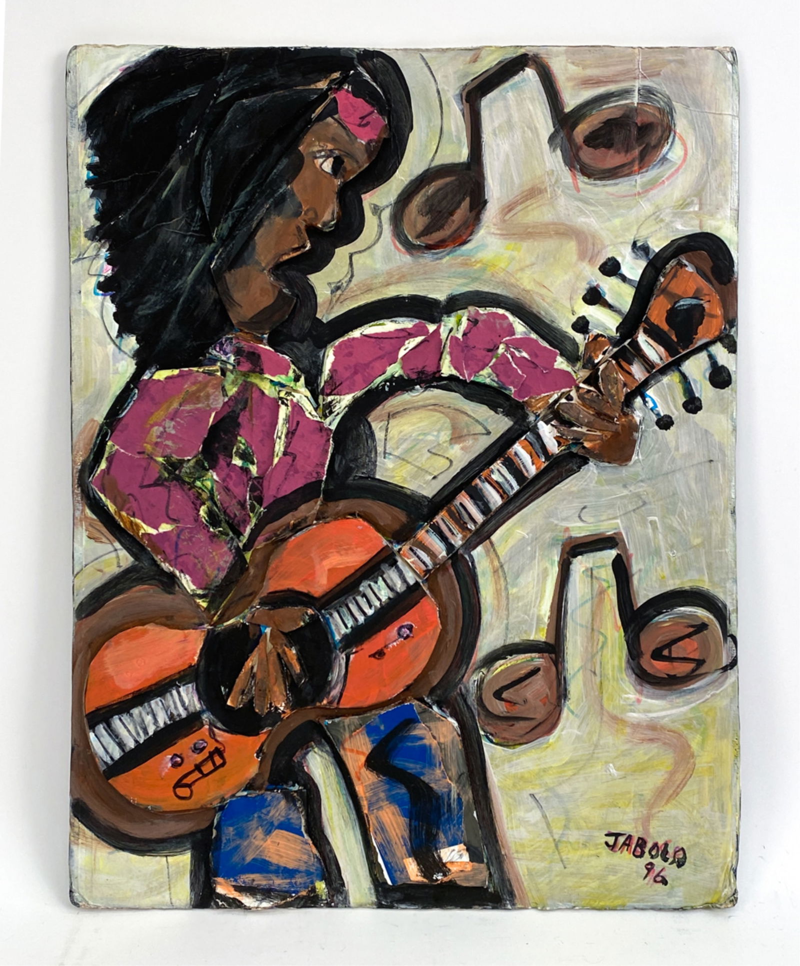 JABOLO, NEW YORK (20TH C.) COLLAGE MIXED MEDIA: Collage of paper and foam core, on foam core, with gouache and metallic paint. Signed and dated '96 lower right. Dimensions: H 22" x W 17" Condition: Old and new denting to foam core. Jabolo is a well