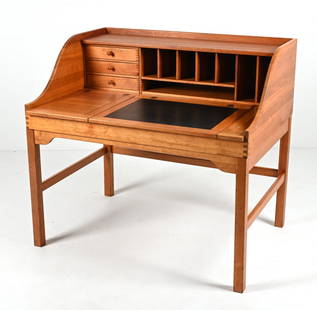 ANDREAS HANSEN FOR HADSTEN CHERRY WRITING DESK: Exquisite Danish Modern writing desk in solid cherry wood, featuring craftsman-inspired box joinery, a leather-inset writing surface, and a removable divided storage compartment. Designed by Andreas H