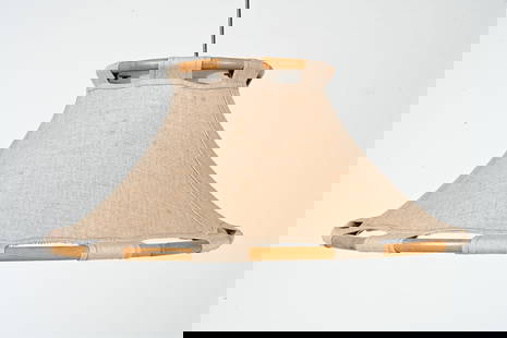 ANNA EHRNER FOR LYKTAN BAMBOO & CANVAS PENDANT: Large pendant light fixture in bamboo and natural canvas, designed by Anna Ehrner for Atelje Lyktan, c. 1970's. Dimensions: (Shade only) H 11.75" x Dia. 25" ; cord measures approx. 61" long. Condition