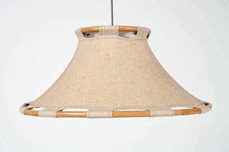 ANNA EHRNER FOR LYKTAN BAMBOO & CANVAS PENDANT: Large pendant light fixture in bamboo and natural canvas, designed by Anna Ehrner for Atelje Lyktan, c. 1970's. Dimensions: (Shade only) H 11.75" x Dia. 25" ; cord measures approx. 61" long. Condition