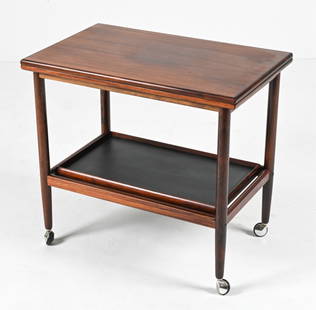 OLE WANSCHER P. JEPPESEN ROSEWOOD BAR CART, 1960'S: A stunning and luxurious rosewood serving cart designed by Ole Wanscher for Poul Jeppesen, featuring an expandable fold-out top and a removable bottom tray tier. Dimensions: H 25.5" x W 28" x D 17.5"