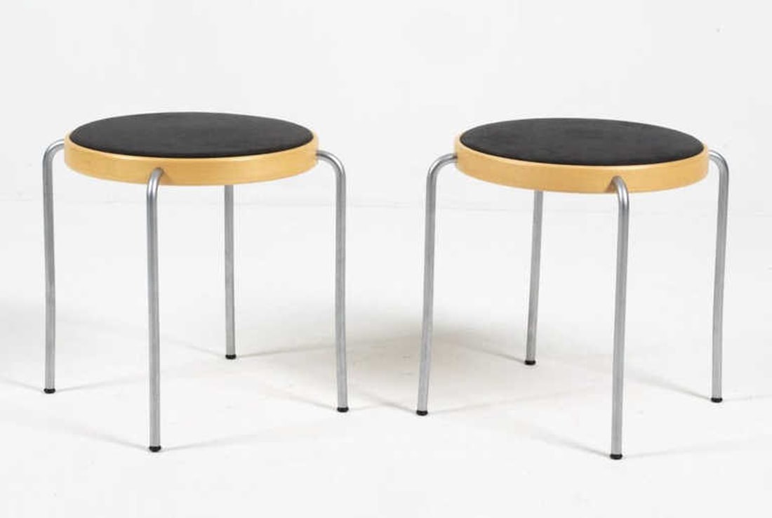 PAIR OF MAGNUS OLESEN "PARTOUT" STACKING STOOLS: Partout means "everywhere" in French; and the Partout series from Magnus Olesen was designed to be just that: infinitely adaptable and versatile, easily transported and stored. Designed for commercial