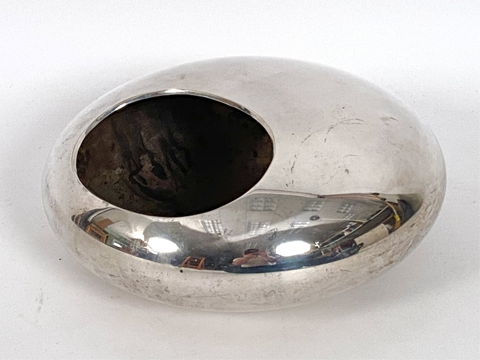 VITTORIO MAZZUCCONI SILVERPLATE MODERNIST BOWL: Sculptural Italian signed silverplate Modernist orb bowl/sculpture/vessel by Vittorio Mazzucconi. Marked under. Circa 1980s. Dimensions: H 5" x Dia. 12" Condition: Minor surface wear, scratches and ta