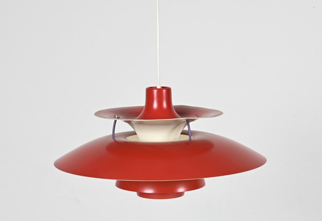 POUL HENNINGSEN FOR LOUIS POULSEN PH5 PENDANT, RED: Dimensions: H 11" x Dia. 20" Condition: Wiring not tested. Minor dent/bend to top tier of shade. A few light scratches and scuffs. G239