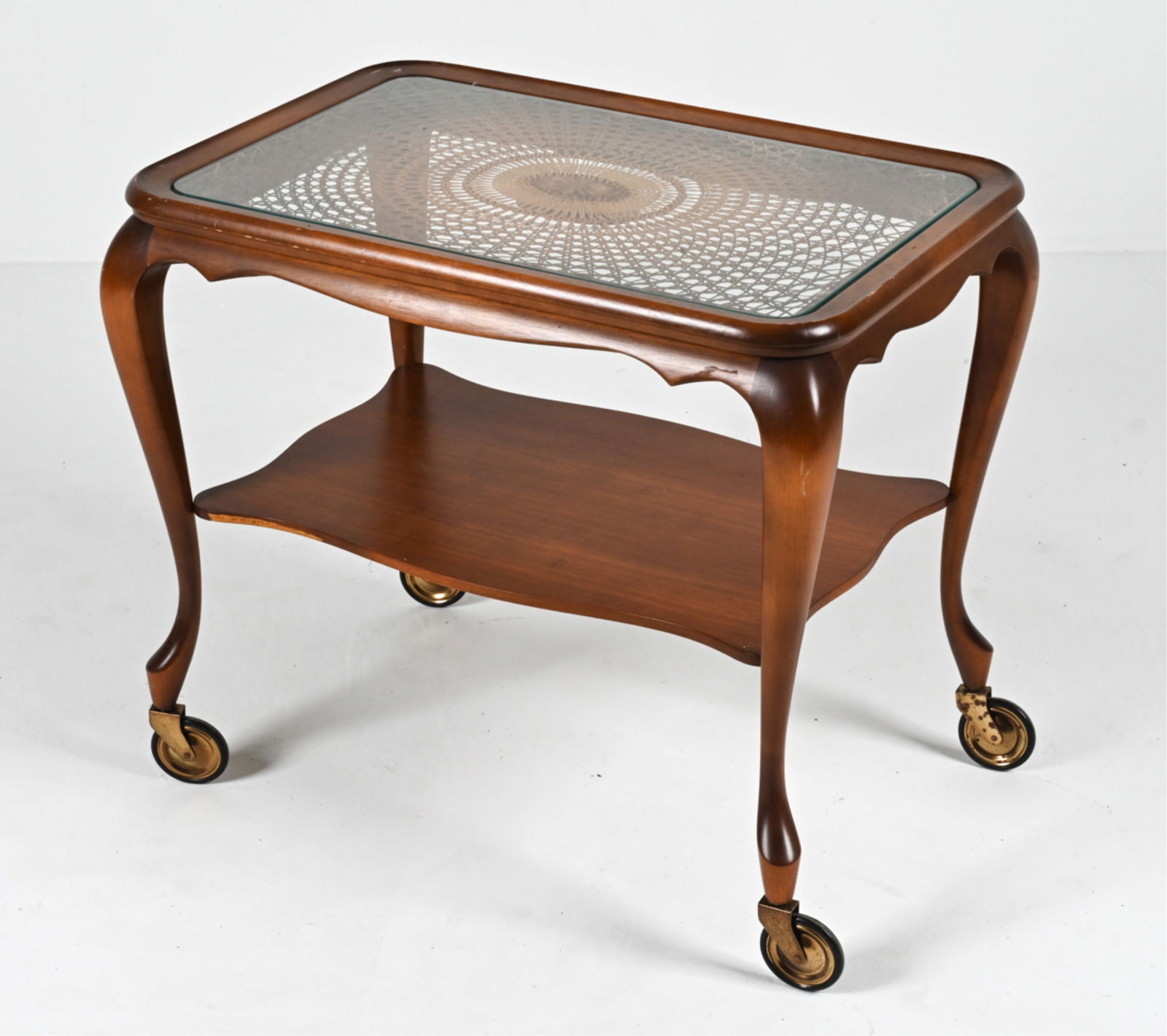 GERMAN SERVING TABLE W/ CANE & GLASS TOP, 1950'S (1 of 19)