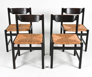 (4) WENGE & RUSH DINING CHAIRS, MANNER OF VISSER: (4) Dutch Modern side chairs in sculpted wenge wood with woven rush seats. Apparently unsigned; in the manner by Martin Visser, c. Mid- to Late 20th Century. Dimensions: H 31" x W 19" x D 19" x SH 18"