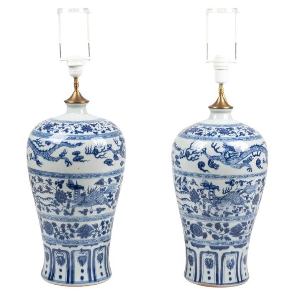 PAIR LARGE CHINESE BALUSTER JAR BLUE & WHITE LAMPS (1 of 14)