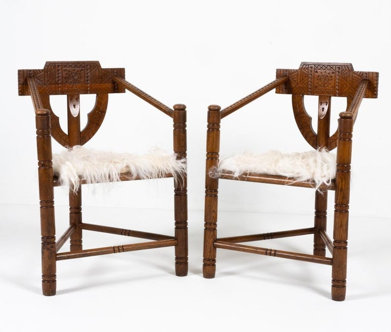 PAIR SWEDISH NORDIC REVIVAL CARVED OAK MONK CHAIRS (1 of 17)