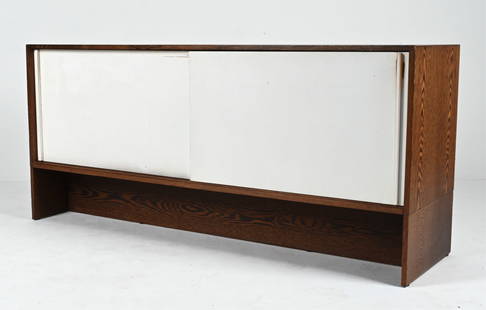 MARTIN VISSER & JOS MANDERS WENGE KW87 SIDEBOARD: Model KW87 credenza in wenge wood, with sliding doors and interior fittings finished in white paint. Designed by Martin Visser and Jos Manders for 'T Spectrum, c. 1960's. Dimensions: H 28.75" x W 63"