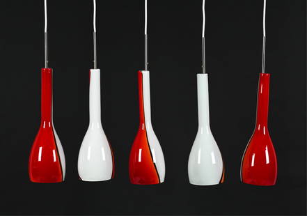 (5) ATTR. LUCIANO VISTOSI MURANO GLASS PENDANTS: C. 1960's. Dimensions: H 14" x Dia 4.75" Conditions: Wiring not tested. No issues to note. F061