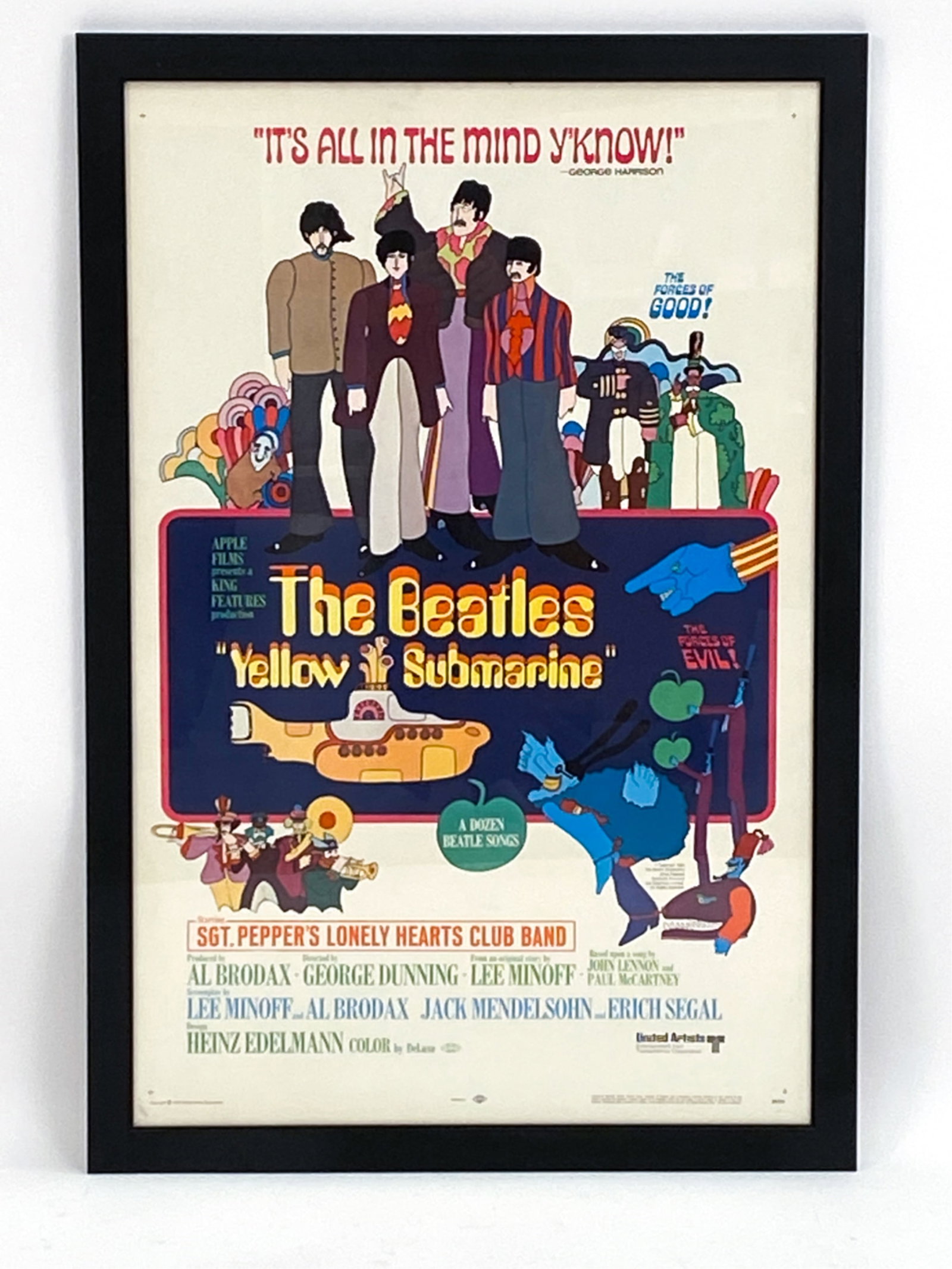 1968 ORIGINAL YELLOW SUBMARINE MOVIE POSTER: Original poster. Framed. Purchased from Christie's, March 27th, 2001, lot 72. Dimensions: (Frame) H 44.5" x W 30", (Sight) H 40.5" x W 26.5" Condition: No visible folds, no visible wrinkling. A few li