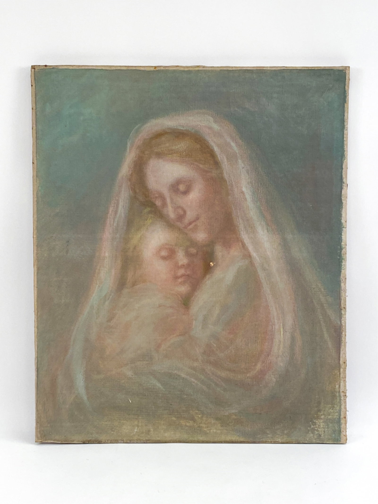 LATE 19TH CENTURY ITALIAN SYMBOLIST O/C: Mother and child "Maternity" subject. in subtle brilliant colors. Apparently unsigned. Dimensions: H 27.25" x W 22.5" Condition: Paint loss and small hole center. Rubbing to lower edges. Unvarnished.