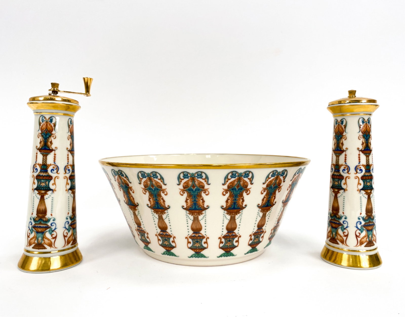 VINTAGE LENOX GROUPING: (3) pieces. Including steep-sided bowl and salt and pepper. Dimensions: (Bowl) H 4.75" x Dia. 10.5" Condition: Rubbing to the gold.