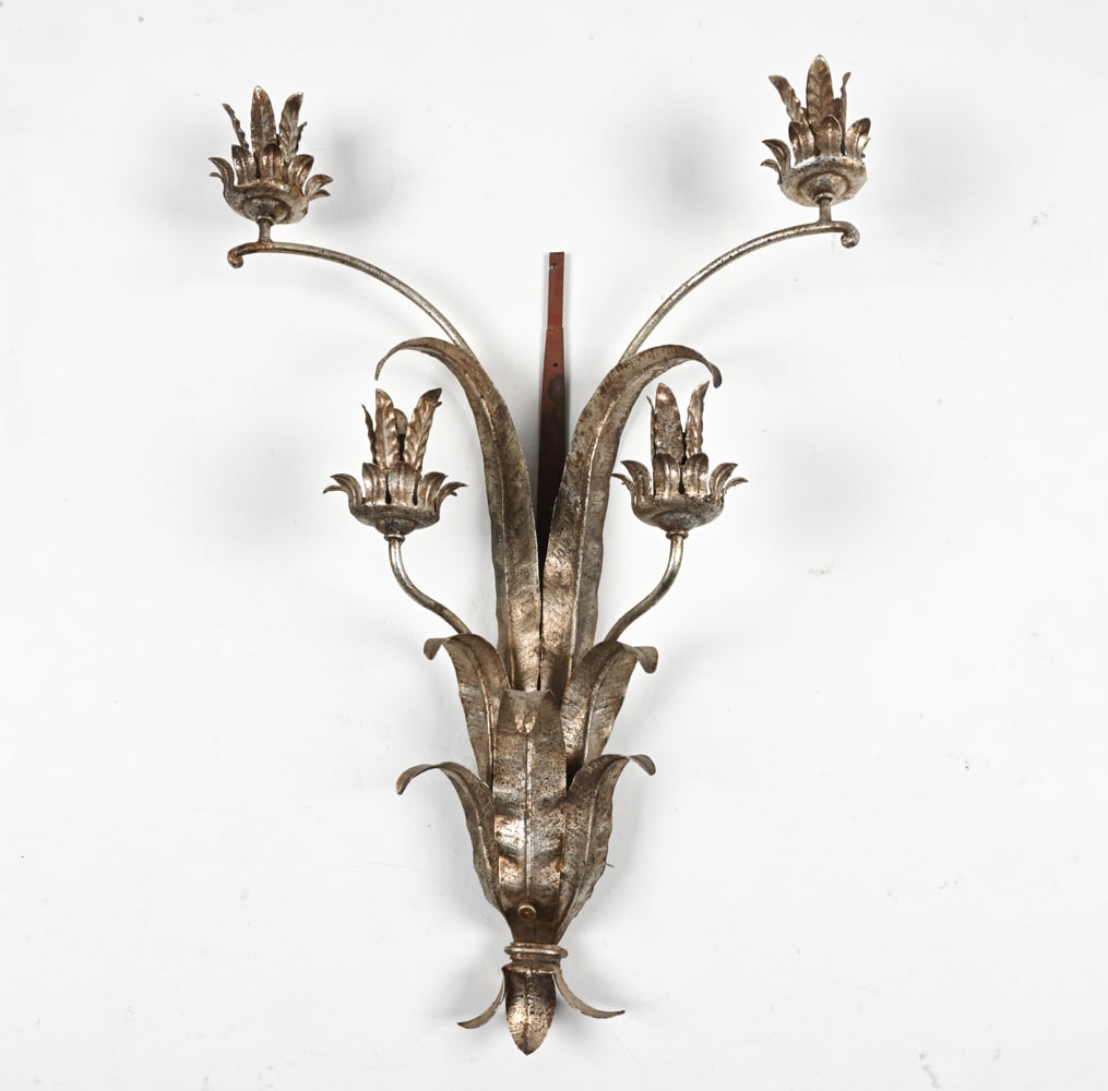 LARGE ANTIQUE TOLE SCONCE IN SILVER FINISH: Dimensions: H 37" x W 24" x D 9" Condition: Wiring not tested. Intentionally antiqued finish; some patination and light oxidation to base metal.