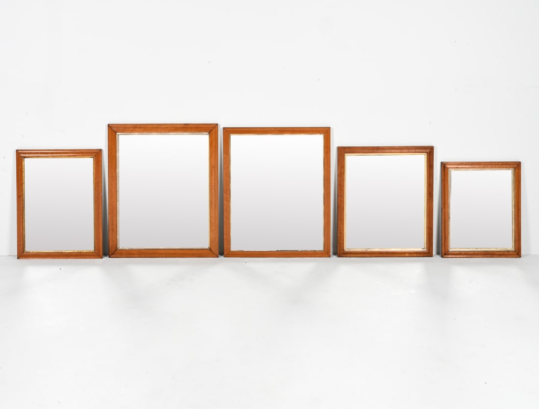 (5) ANTIQUE MIRRORS INCL. BIRDSEYE MAPLE: Frames c. Late 19th-Early 20th Century. Dimensions: (Largest) H 29" x W 23.5" Condition: Glass likely replaced. Minor corner separation, a few chips and cracks to interior trim; dings, scuffs, and spo