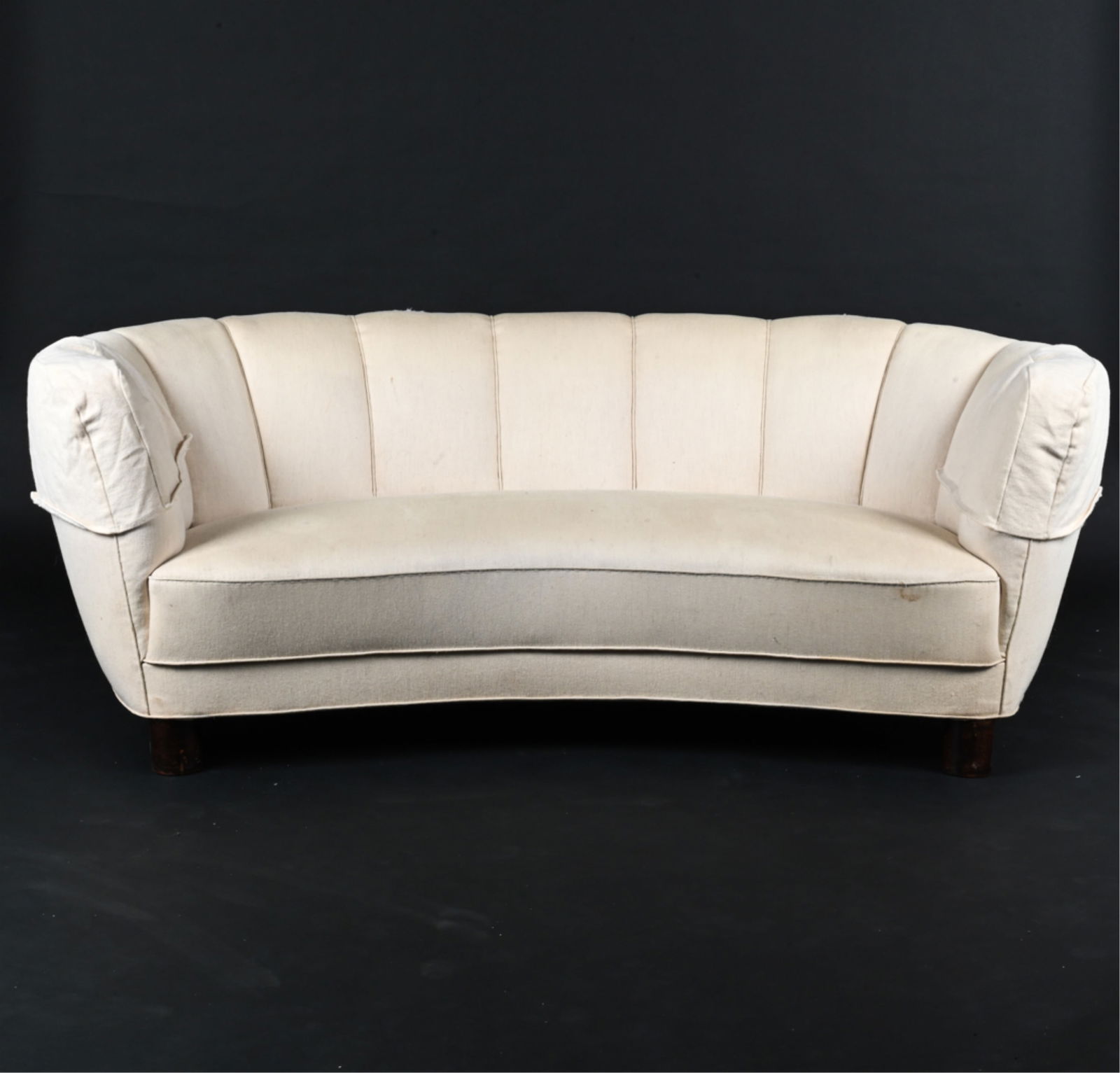 ATTR. FLEMMING LASSEN DANISH BANANA SOFA, 1940'S: Dimensions: H 28.5" x W 77.5" x D 43" x SH 19" Condition: Wear consistent with age and use. Great candidate for upholstering. Fabric with significant soiling. Tears and pulls to trimming and top of so