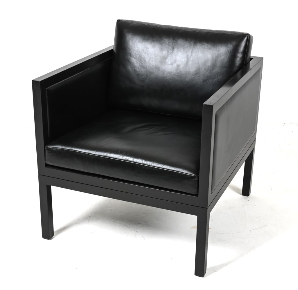 MEIER/FERRER MOREHOUSE CLUB CHAIR IN BLACK LEATHER: Beautiful contemporary lounge chair by Ana Meier and Charlie Ferrer, finished in black leather and ebonized wood. Dimensions: H 33.5" x W 29" x D 32" x SH 18" Condition: Chair presents very well overa