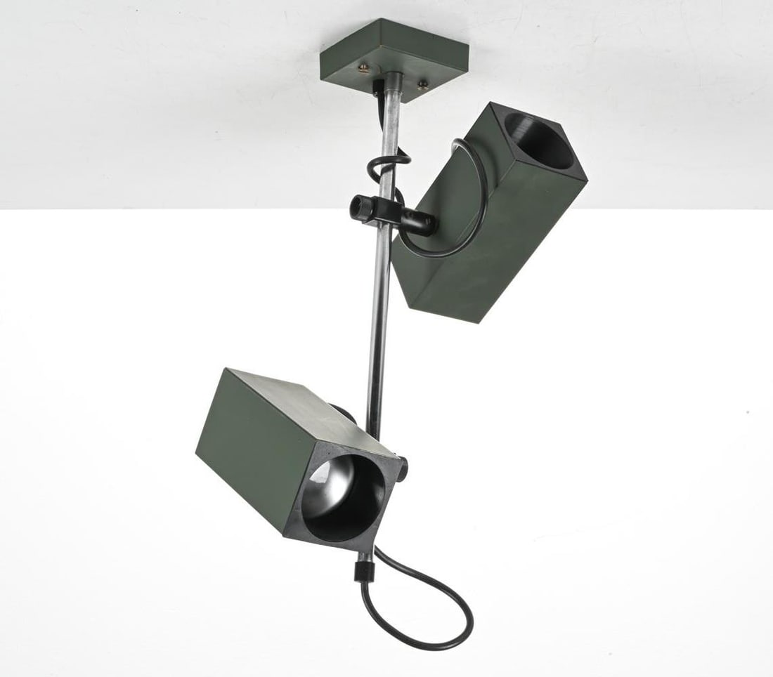 PHILIPS CEILING-MOUNTED DOUBLE SPOTLIGHT FIXTURE: With independently adjustable spotlights; finished in chrome and matte forest green enamel. Labeled on wall plate, c. 1970's. Dimensions: H 20" x W 11.75" x D 7" Condition: Hardwired; wiring not teste