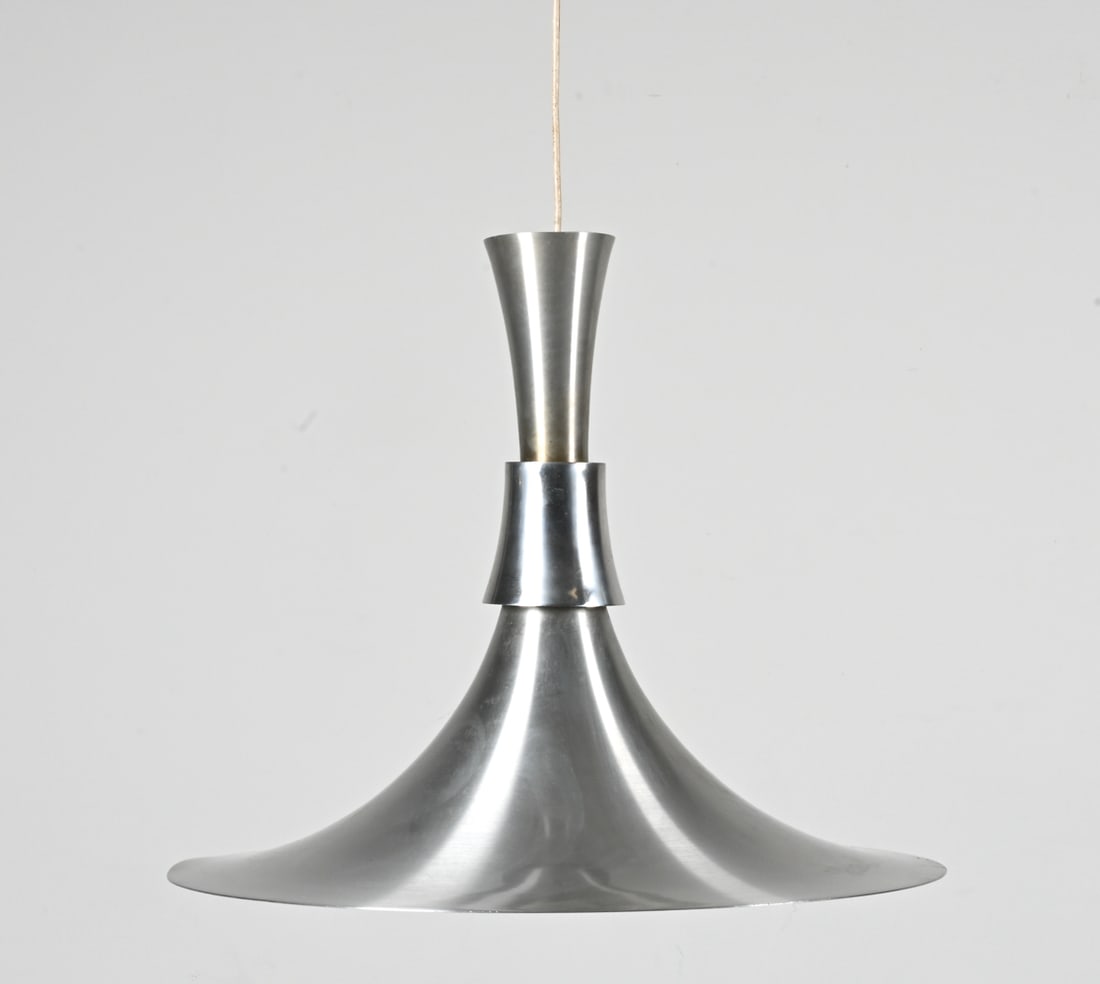 BENT NORDSTED OVERSIZED SPACE AGE PENDANT: Large funnel-style pendant light in brushed aluminum, designed by Bent Nordsted for Lyskaer Belysning, Denmark, c. 1970's. Dimensions: H 18" x Dia. 21.75" Condition: Wiring not tested. A few light scu