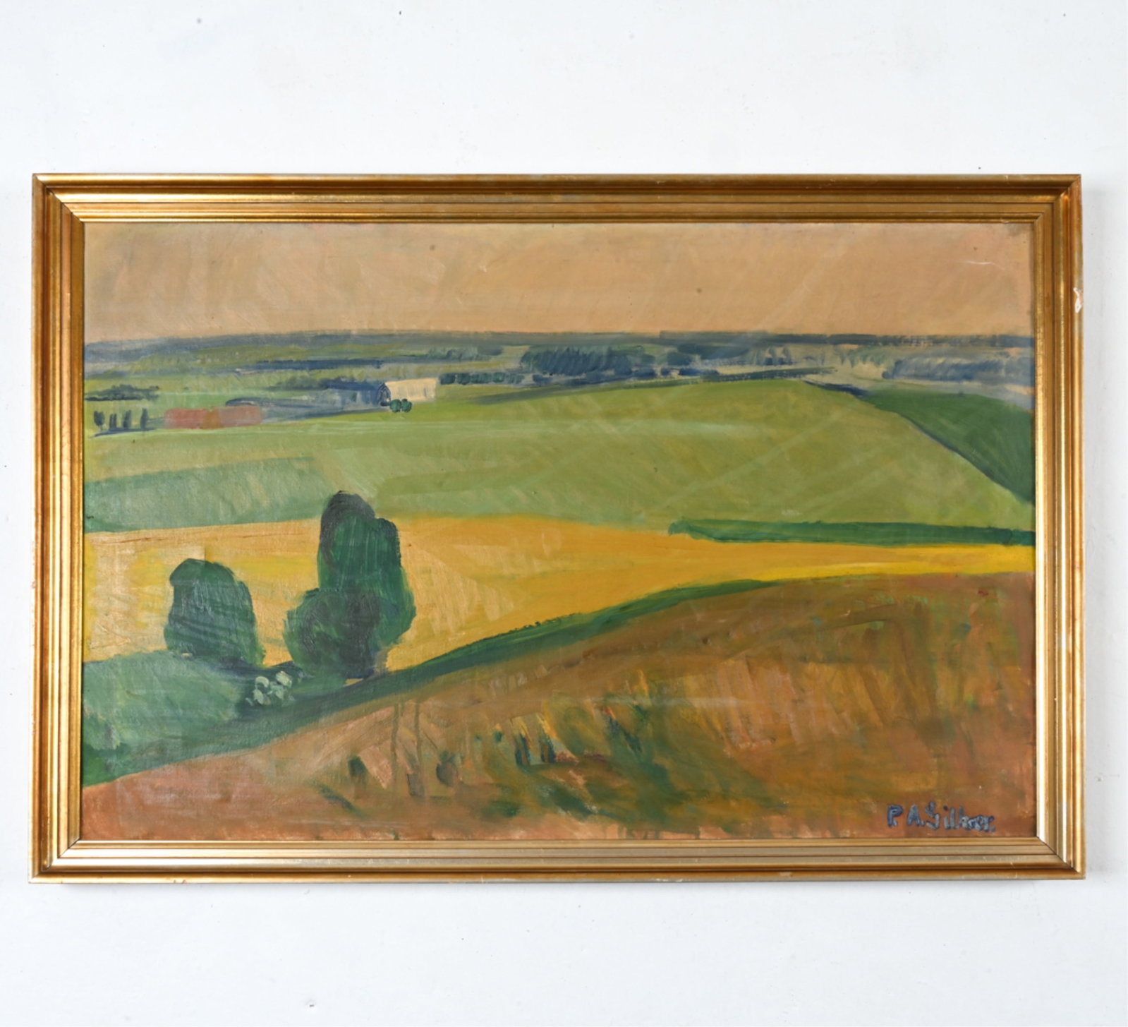 PEDER AKSEL GILKAER, DANISH (1918-1997) O/C: Scandinavian landscape; signed lower right. Dimensions: (Frame) H 28.5" x W 42.5" ; (Painting) H 26" x W 39.5" Condition: Small repaired hole to canvas near right edge. Painting with surface grime, a 